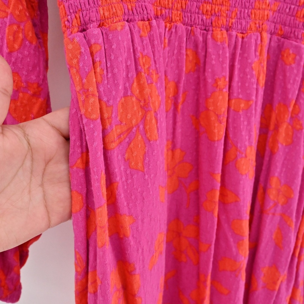 DRAPER JAMES Dress Size S Pink Orange Floral Smocked V Neck Balloon Long Sleeve - Picture 10 of 14
